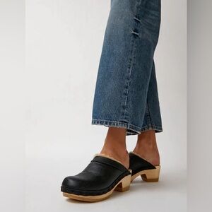 No.6 Dakota mid heel clog with sheepskin upper.